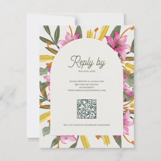 Blush Pink Lily Arched RSVP Card with QR Code (裏面)