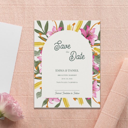 Blush Pink Lily Arched Wedding Save the Date 案内ポストカード