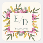 Blush Pink Lily Botanical Wedding Monogram スクエアシール (正面)