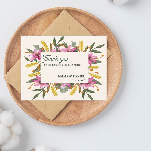 Blush Pink Lily Botanical Wedding Thank You ポストカード