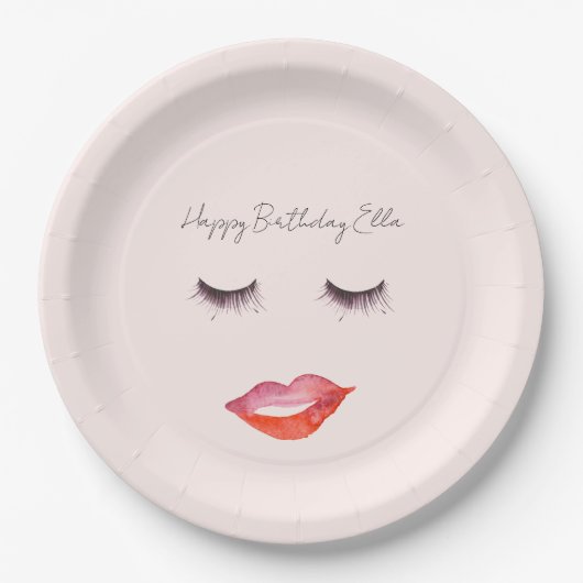 Blush Pink Lips and Eyelashes Birthday ペーパープレート (正面)