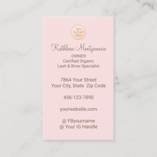 Blush Pink Logo QR Code Photo Lashes and Brows 名刺 (裏面)