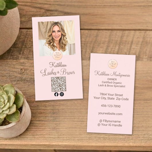 Blush Pink Logo QR Code Photo Lashes and Brows 名刺