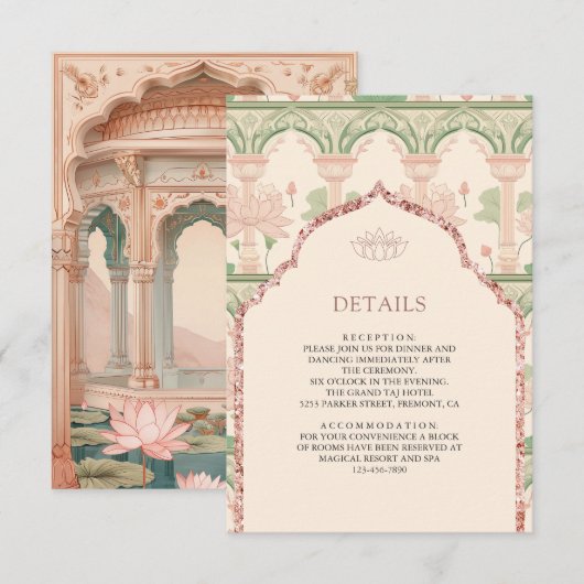 Blush Pink Lotus Garden Indian Wedding Details エンクロージャーカード (正面/裏面)
