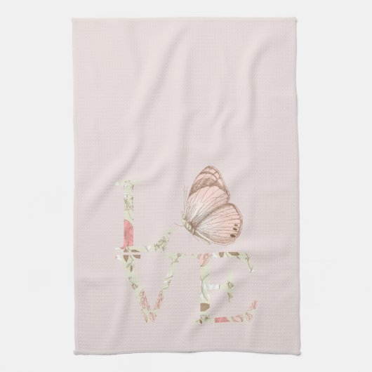 Blush Pink Love Butterfly Floral キッチンタオル (縦)