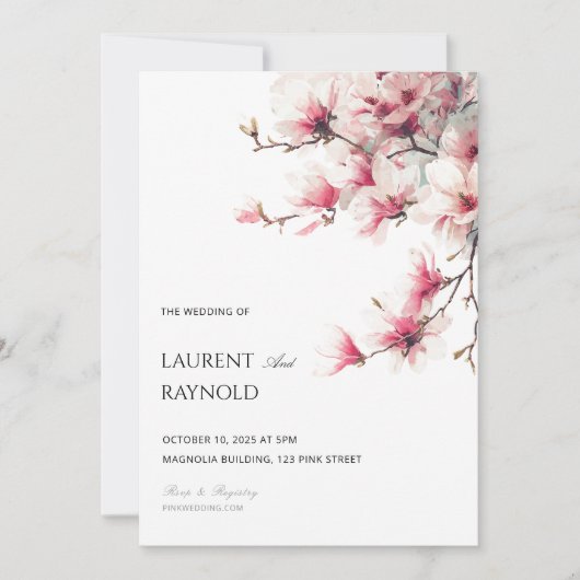 Blush Pink Magnolia Botanical Watercolor Wedding  招待状 (正面)