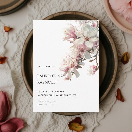 Blush Pink Magnolia Botanical Watercolor Wedding 招待状