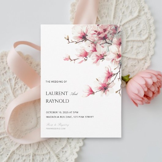 Blush Pink Magnolia Botanical Watercolor Wedding  招待状