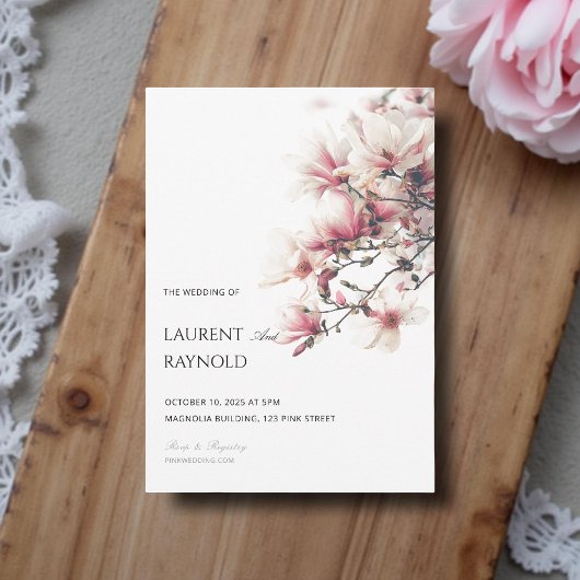 Blush Pink Magnolia Botanical Watercolor Wedding  招待状