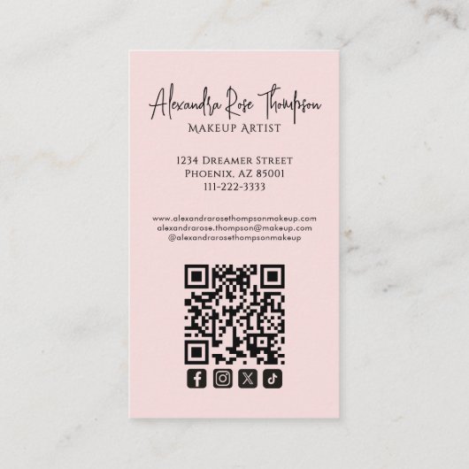 Blush Pink Makeup Artist Qr Code Social Icon 名刺 (裏面)