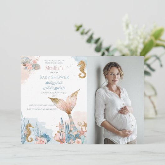 Blush Pink Mermaid Tail Baby Shower 招待状 (スタンド正面)