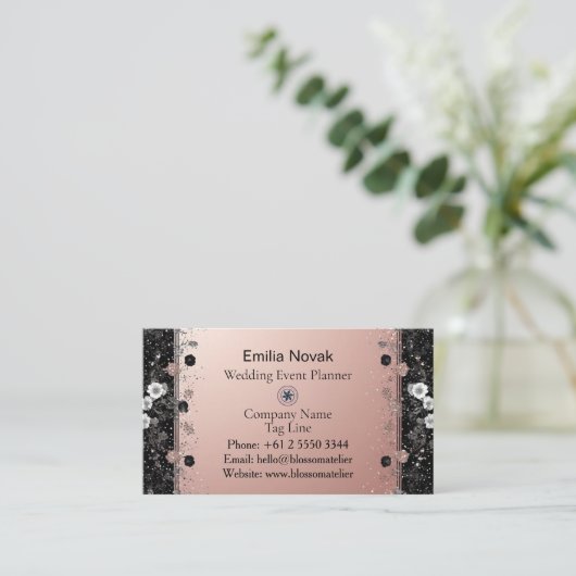 Blush Pink Metallic Silver Glitter Floral Modern  名刺 (スタンド正面)