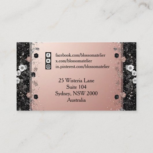 Blush Pink Metallic Silver Glitter Floral Modern  名刺 (裏面)