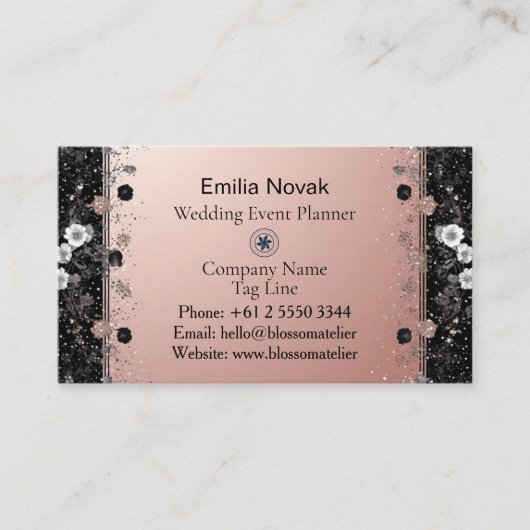 Blush Pink Metallic Silver Glitter Floral Modern  名刺 (正面)