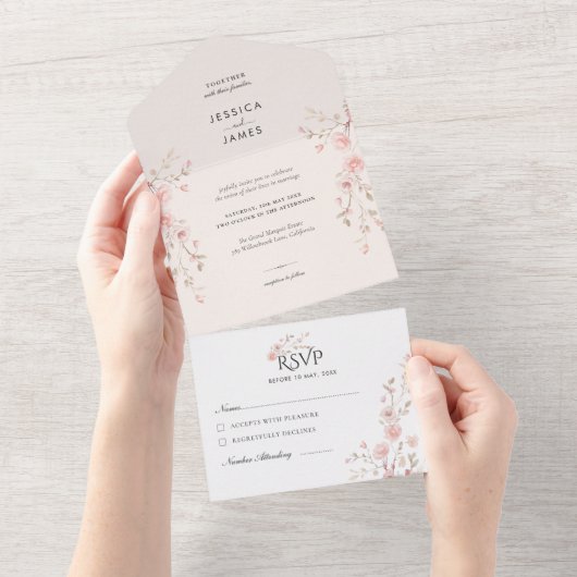 Blush Pink Minimalist Flowers Wedding  オールインワン招待状 (貼ってはがせる)