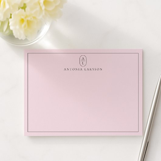 Blush Pink Minimalist Monogram Name Flat Note Card ノートカード