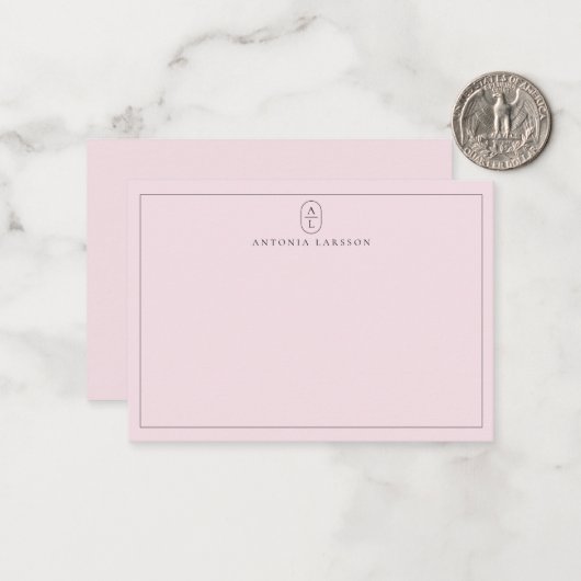 Blush Pink Minimalist Monogram Name Flat Note Card ノートカード (正面/裏面インサイチュ)