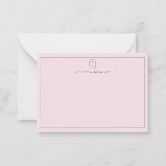 Blush Pink Minimalist Monogram Name Flat Note Card ノートカード (正面)