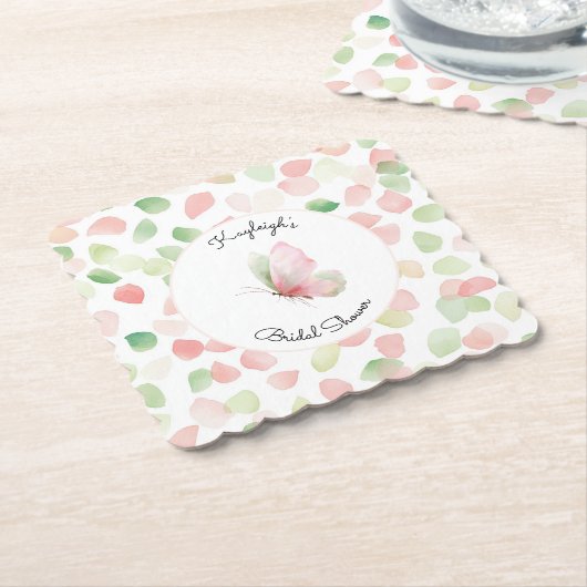 Blush Pink Mint Floral Butterfly Bridal Shower  ペーパーコースター (アングル)