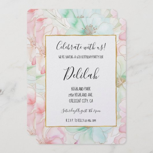 Blush Pink Mint Flowers Birthday 招待状 (正面/裏面)