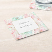 Blush Pink Mint Flowers Bridal Shower スクエアペーパーコースター (アングル)