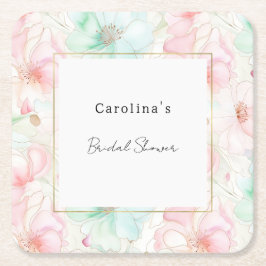 Blush Pink Mint Flowers Bridal Shower スクエアペーパーコースター