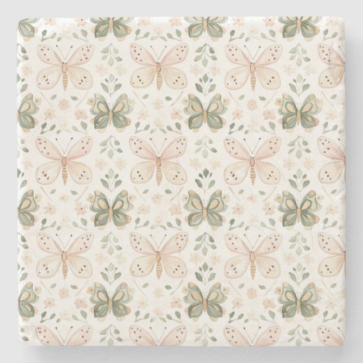 Blush Pink Mint Green Butterflies  ストーンコースター (正面)