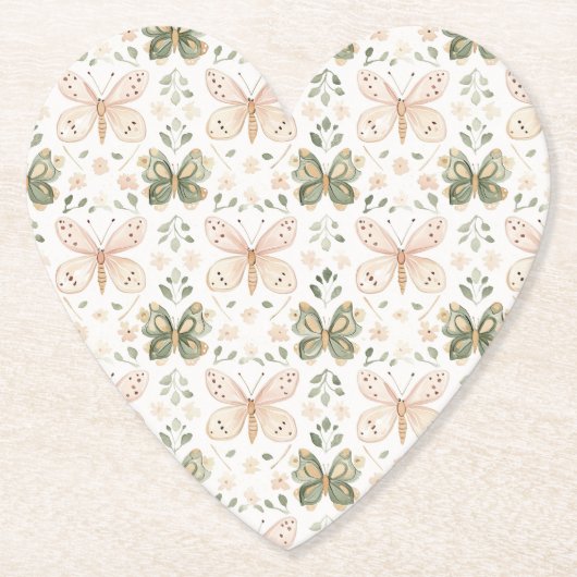 Blush Pink Mint Green Butterflies Wedding ペーパーコースター (正面)