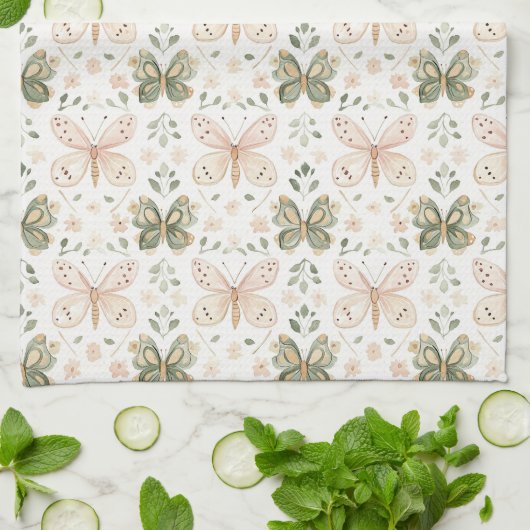 Blush Pink Mint Green Butterfly キッチンタオル (折り畳み)