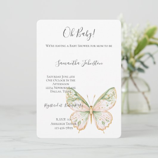 Blush Pink Mint Green Gold Butterfly Baby Shower  招待状 (スタンド正面)