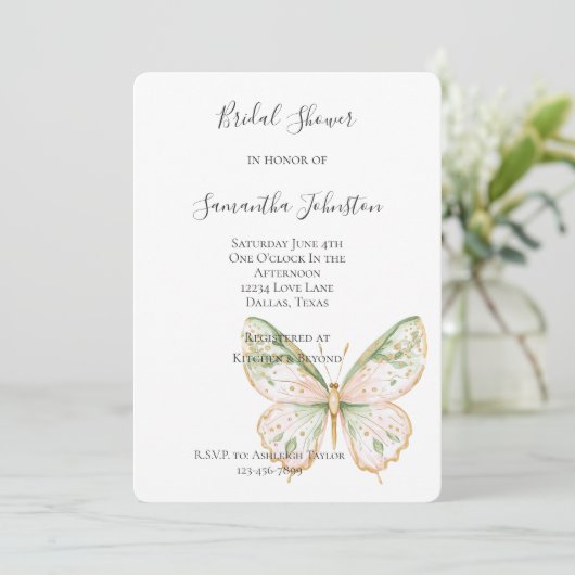Blush Pink Mint Green Gold Butterfly Bridal Shower 招待状 (スタンド正面)