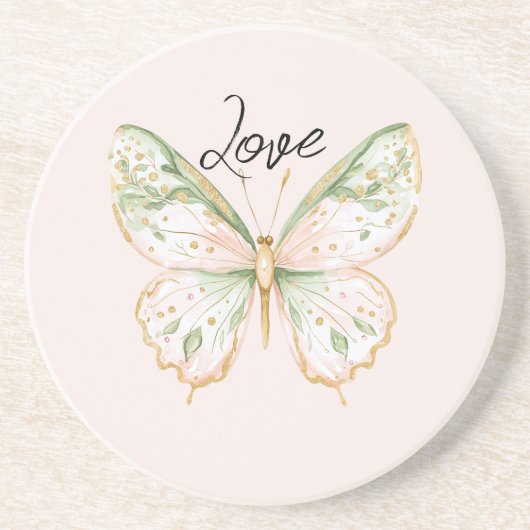 Blush Pink Mint Green Gold Butterfly Love コースター (正面)