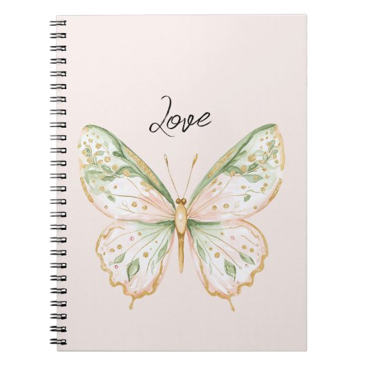 Blush Pink Mint Green Gold Butterfly Love ノートブック (正面)
