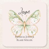Blush Pink Mint Green Gold Butterfly Wedding スクエアペーパーコースター (正面)