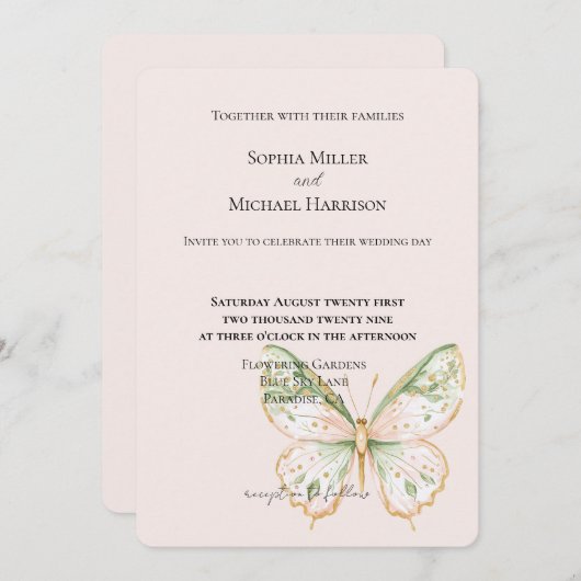 Blush Pink Mint Green Gold Butterfly Wedding 招待状 (正面/裏面)