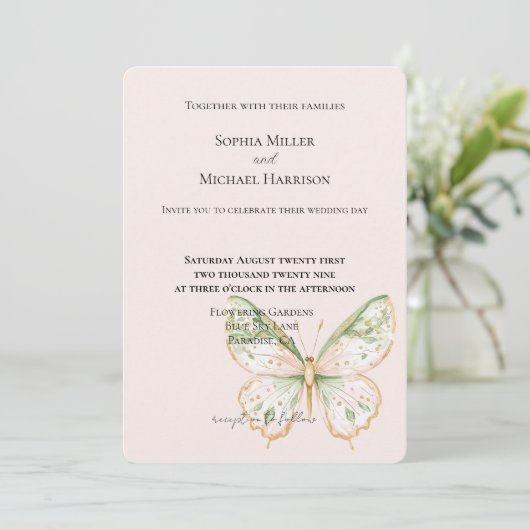 Blush Pink Mint Green Gold Butterfly Wedding 招待状 (スタンド正面)