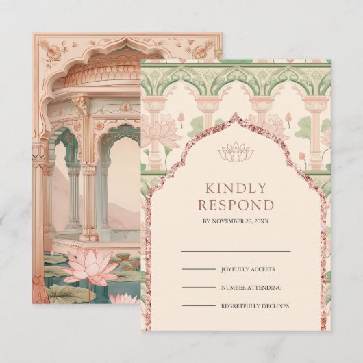 Blush Pink Mint Green Lotus Garden Indian Wedding 出欠カード (正面/裏面)