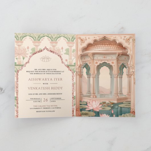 Blush Pink Mint Green Lotus Garden Indian Wedding 招待状 (内部)