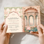 Blush Pink Mint Green Lotus Garden Indian Wedding 招待状