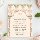 Blush Pink Mint Green Lotus Garden Indian Wedding 招待状
