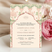Blush Pink Mint Green Lotus Garden Indian Wedding 招待状