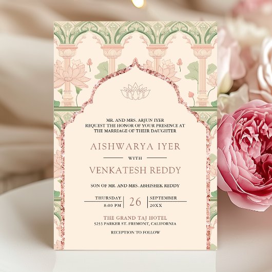 Blush Pink Mint Green Lotus Garden Indian Wedding 招待状