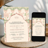 Blush Pink Mint Green Lotus Garden Indian Wedding 招待状