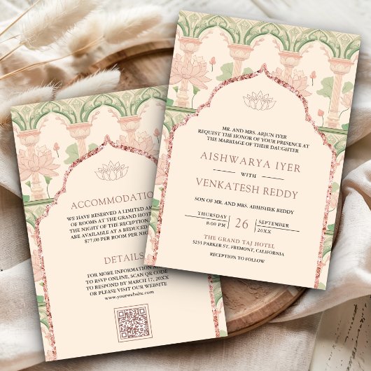 Blush Pink Mint Green Lotus Garden Indian Wedding 招待状