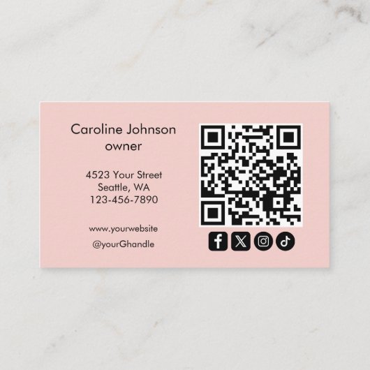 Blush Pink Modern Minimalist QR Code Photo Makeup  名刺 (裏面)