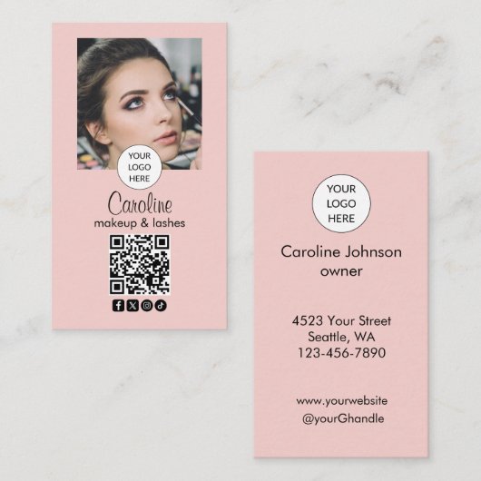 Blush Pink Modern Minimalist QR Code Photo Makeup  名刺 (正面/裏面)