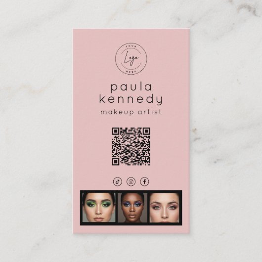Blush Pink Modern Photo Logo QR Code 名刺 (正面)