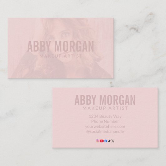 Blush Pink Modern Photo Makeup Business Card 名刺 (正面/裏面)