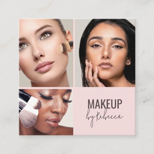 Blush Pink Modern QR Code 3 Photo Makeup スクエア名刺 (正面)
