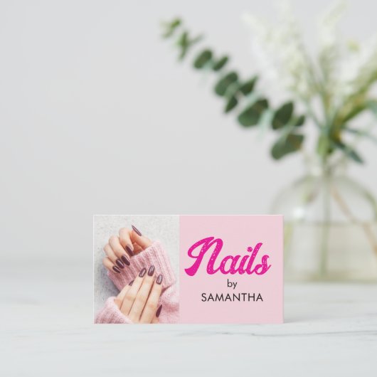 Blush Pink Modern Script Photo Nails 名刺 (スタンド正面)